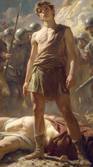 Obraz premium Young David Standing Triumphant After Defeating Goliath in Battle