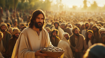 Jesus Blessing Five Loaves and Two Fish During a Gathering at Sunset