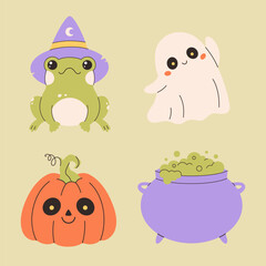 Halloween stickers set of ghost, pumpkin, frog and cauldron. Vector illustration in flat style