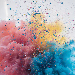 colorful explosion of confetti or small particles, suspended in mid-air. The particles are of various sizes and colors,including shades of blue, pink, yellow, and orange. The background is predominant