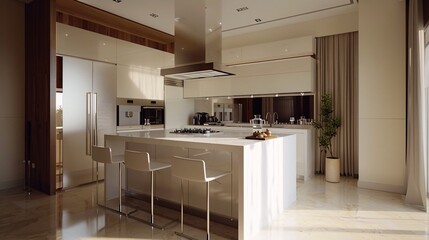 Fototapeta premium Modern Kitchen Interior Design with White Cabinets and Island