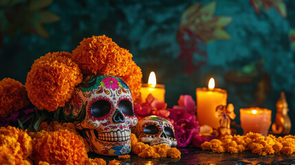 Vibrant Day of the Dead altar with colorful sugar skulls, marigolds, and candles, honoring deceased loved ones in traditional Mexican celebration.