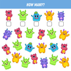 Obraz premium How many cartoon monsters are there. Count the number of funny monsters. Math worksheet for kids. Vector illustration 