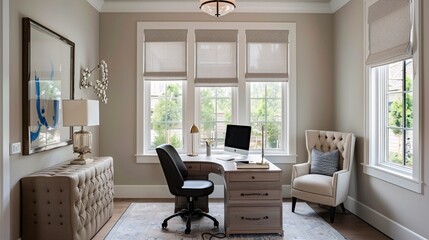 Fototapeta premium Modern Home Office Interior Design with White Blinds and Desk