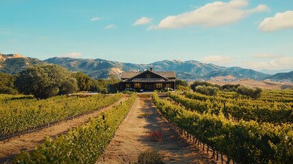 Naklejka premium A house sits amidst a vineyard, surrounded by mountains in the background and a dirt path leading up to it