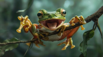 A green tree frog with large eyes and an open mouth sits on a branch in a tropical rainforest.