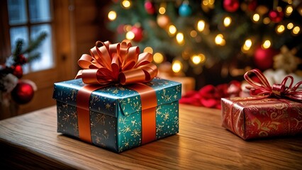 Celebrating Christmas with a present in a warm countryside wooden cabin with Christmas tree and decoration.