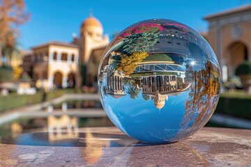 A Crystal Ball Reflects an Inverted Architectural Scene with Trees and Sky