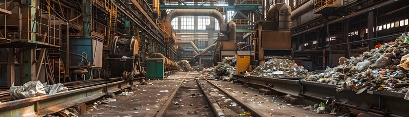 An abandoned industrial warehouse with debris and a sense of neglect, showcasing urban decay and forgotten machinery.