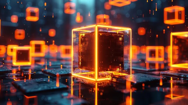 Glowing Edges of Floating Cubes Illuminate the Dark Realm, Creating a Mystical Ambiance in a Futuristic Setting