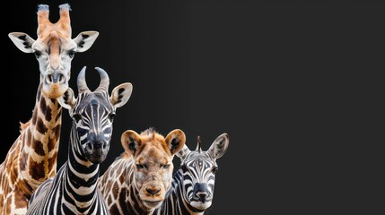 A giraffe and three zebras look curiously at the camera, isolated on a black background, leaving...