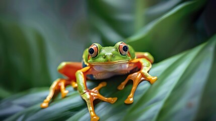 Naklejka premium A vibrant green and orange frog with bright red eyes sits on a large green leaf.