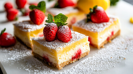 Strawberries lemon cheesecake bars topped with mint, powdered sugar, and fresh strawberries