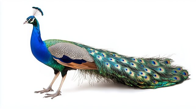 A detailed and realistic of a peacock, showcasing its striking iridescent feathers and elegant
