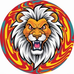 Colorful cartoon op-art style furious lion isolated over white background. 
