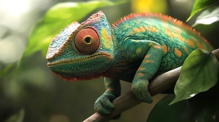 Obraz premium Chameleon in Lush Green Forest, a vibrant chameleon blends seamlessly with the dense foliage, showcasing its stunning colors amid the rich textures of the natural environment.