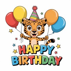 Funny cartoon party cheetah with air balloons isolated over white background. Colorful joyful greeting card for birthday or other festive events.
