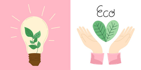 Cartoon light bulb with green sprout inside, hands hold heart of green leaves set illustrations. Renewable green energy, recycling and upcycling - trendy eco concept. For ecological platforms, posters
