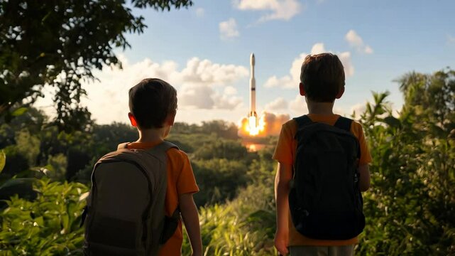 Two Boys Watching Rocket Launch