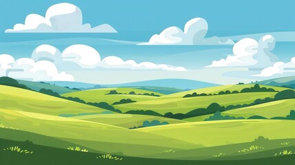 Fototapeta premium idyllic summer landscape with rolling green hills and vibrant fields cartoonstyle illustration featuring lush grass puffy clouds and cerulean sky in flat design