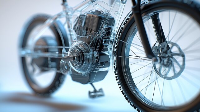 A detailed and realistic of a semi transparent electric bicycle, showcasing its modern exterior and