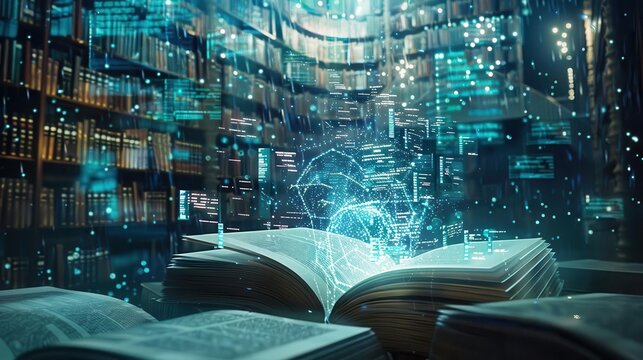 illuminated book pages transforming into streams of glowing data swirling around a central vortex of knowledge surrounded by holographic displays of charts and graphs in a futuristic library
