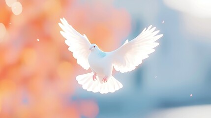 Fototapeta premium Dove in Flight, a serene moment capturing the grace of a dove soaring through the open sky, symbolizing freedom and peace against a backdrop of endless blue.