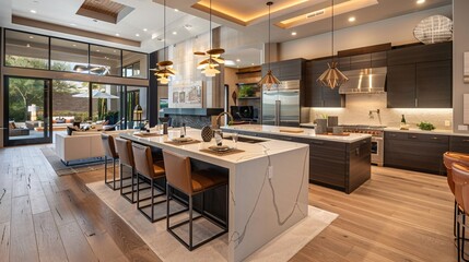 Modern Kitchen with Island and Patio Views