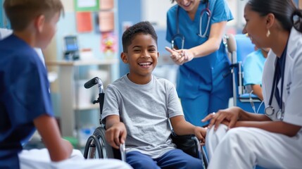 Fototapeta premium inclusive pediatric care cheerful disabled boy in wheelchair interacting with diverse medical staff colorful and welcoming hospital environment adaptive equipment visible