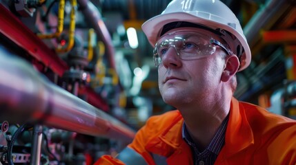 industrial engineer in bright orange uniform and white hard hat inspecting machinery dramatic lighting highlights determined expression conveying expertise and responsibility