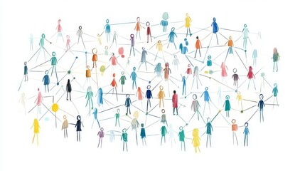 Abstract illustration of a diverse social network connected by lines, representing community, communication, and teamwork.
