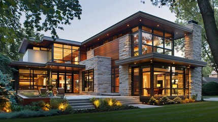Fototapeta premium Modern Stone and Wood Home with Large Windows