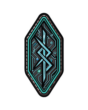 recommend clip art: An ancient stone rune inside a futuristic circuit board with a teal and black color scheme.