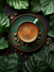 Black coffee in cup, top view, drip coffee. Aesthetics