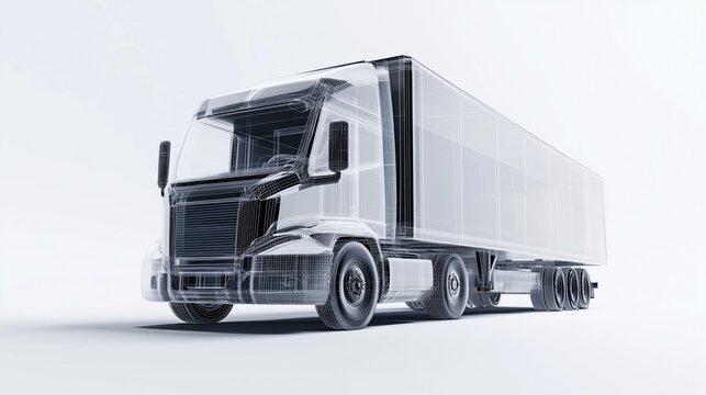 A detailed and realistic of a semi transparent electric freight truck, emphasizing its modern design