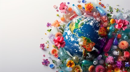 Naklejka premium The Earth sphere is encircled by vibrant flowers and plastic waste, symbolizing the contrast between nature and pollution. This composition highlights environmental concerns and the need for