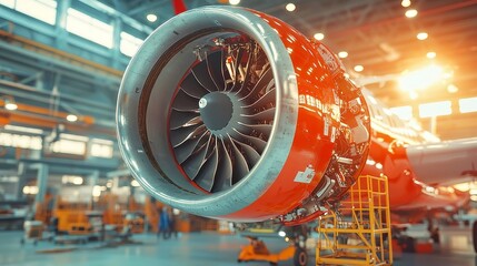 Fototapeta premium Aircraft engine maintenance in an industrial setting, technicians working on the wing, tools and equipment scattered around, attention to detail in a busy environment