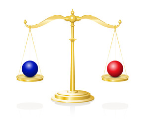 Balance scales with blue and red sphere in balance. Balls of same size and weight but of different colors in perfect balance in weighing pans of a brass scale. Symbol for justice and balance of power.