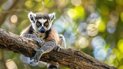 A ring-tailed lemur sits on a branch in a forest, looking at the camera with a curious expression.