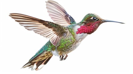 Fototapeta premium iridescent hummingbird hovers midflight its wings a blur of motion against a pristine white backdrop vibrant plumage shimmers with hyperrealistic detail capturing the birds grace and energy