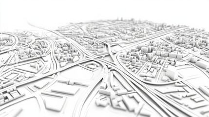 Detailed 3D city map illustration showcasing urban planning, architecture, and infrastructure with highways and buildings.