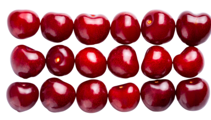Red Cherry fresh berry pattern from flat view isolated on transparent background.