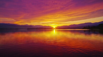 Fototapeta premium A serene body of water bathed in sunlight at dusk, surrounded by majestic mountains and scattered cloud formations in the sky