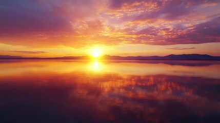 Obraz premium A vast expanse of water bathed in sunlight, with clouds mirrored on its surface and distant mountains reflected in the sky