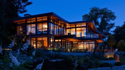 Fototapeta premium Modern Luxury Home with Stunning Nighttime View