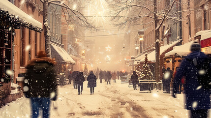 Snowy city streets in festive decorations during a snowfall. Christmas concept. New Year and...