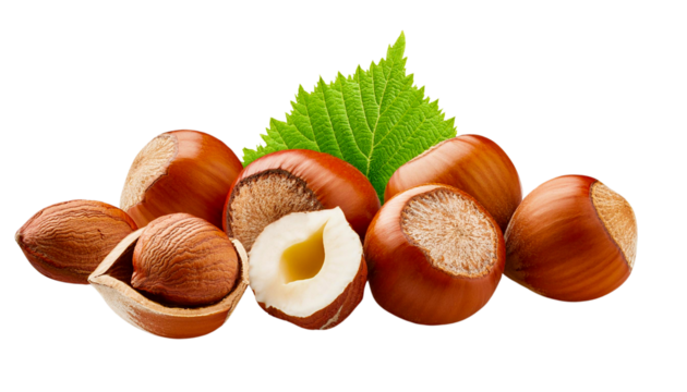 hazelnuts with leaves isolated on transparent background.