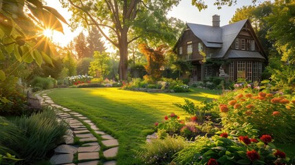 Fototapeta premium lush garden landscape with manicured lawn and colorful flowerbeds winding stone path leads to charming house bathed in warm golden hour light backlit foliage creates dreamy ethereal atmosphere