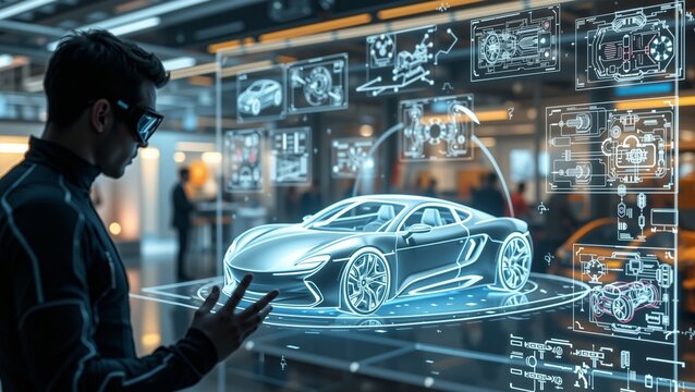 Futuristic Car Design Consultation - Holographic Visualization, A man in a futuristic suit examines a holographic projection of a car, reviewing technical diagrams and illustrations.