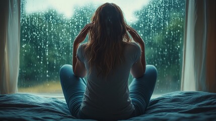 A woman is seated on her bed, holding her head in her hands, as she looks out the window, surrounded by a gloomy atmosphere filled with heavy rain and melancholic thoughts.